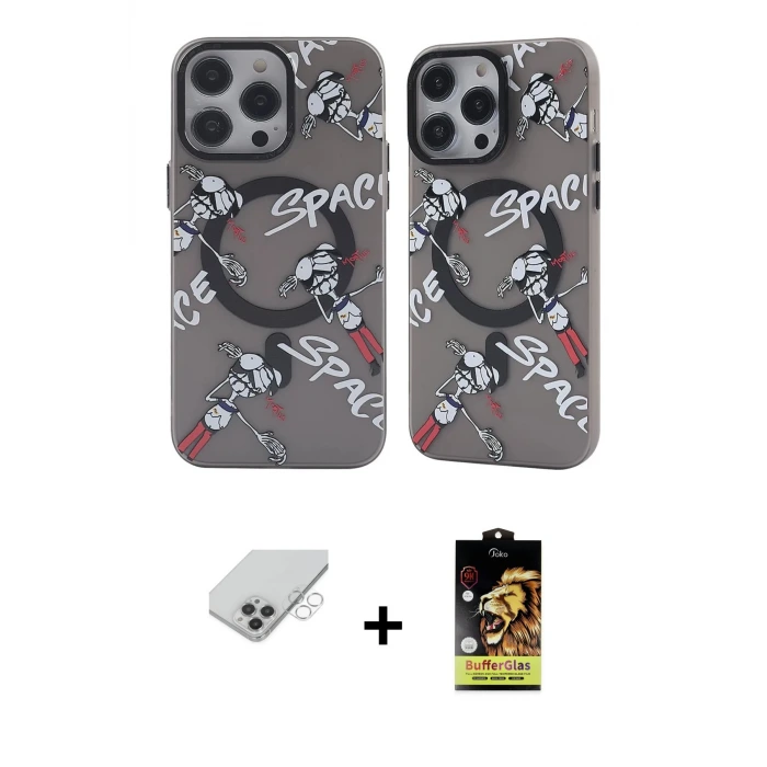 ieg™ iPhone 14 Pro Max Kılıf Nova Doku Koleksiyonu - Siyah Buffer Cam Ekran Koruyucu + Band Metal Kamera Lens - GS