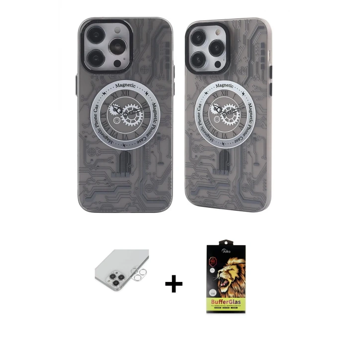 ieg™ iPhone 14 Pro Max Kılıf Nova Doku Koleksiyonu - Siyah Buffer Cam Ekran Koruyucu + Band Metal Kamera Lens - GS