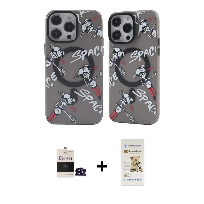 ieg™ iPhone 14 Pro Max Kılıf Nova Doku Koleksiyonu - Siyah Mat Seramik Nano Ekran Koruyucu + Bilvis Titan Kamera Lens - SH