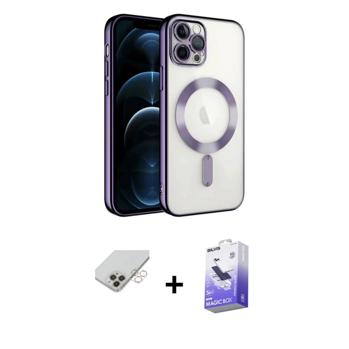 ieg™ iPhone 14 Pro Max Kılıf Nova Işık Özel Seri - Siyah Bilvis 5in1 5D Magic Hayalet Cam Ekran Koruyucu + Band Metal Kamera Lens - GD