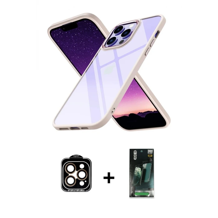 ieg™ iPhone 14 Pro Max Kılıf Nova Işık Serisi - Şeffaf 360 Full Body Arka Koruyucu + PVD Metal Kamera Lens - TU
