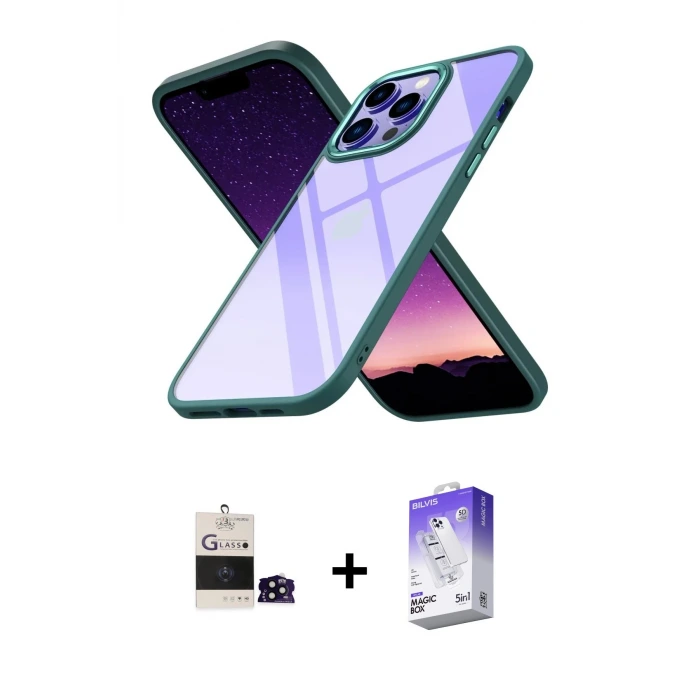 ieg™ iPhone 14 Pro Max Kılıf Nova Işık Serisi - Siyah Bilvis 5in1 3D Magic Cam Ekran Koruyucu + Bilvis Titan Kamera Lens - SH
