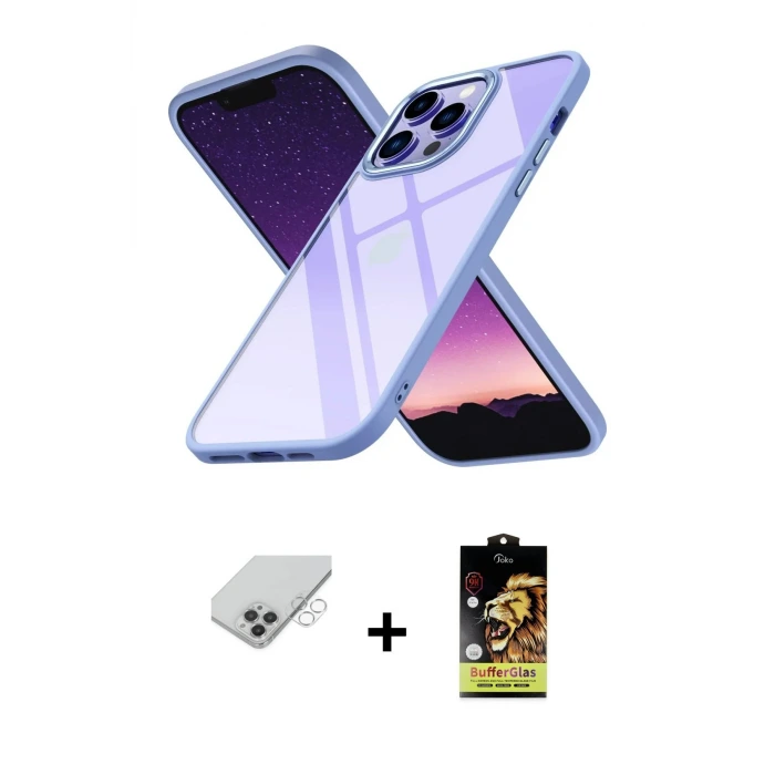 ieg™ iPhone 14 Pro Max Kılıf Nova Işık Serisi - Siyah Buffer Cam Ekran Koruyucu + Band Metal Kamera Lens - GS