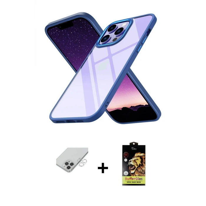 ieg™ iPhone 14 Pro Max Kılıf Nova Işık Serisi - Siyah Buffer Cam Ekran Koruyucu + Band Metal Kamera Lens - GS