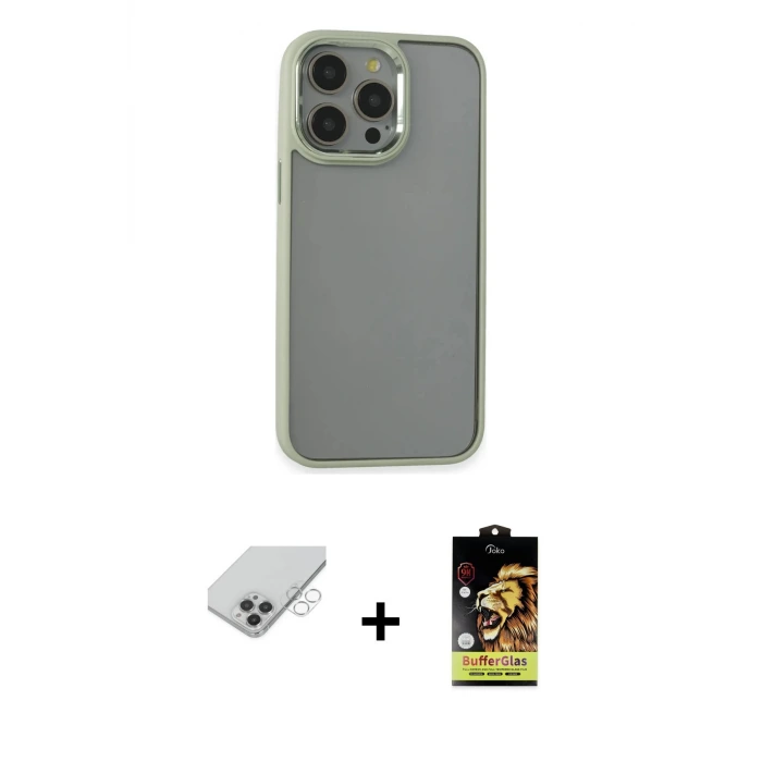 ieg™ iPhone 14 Pro Max Kılıf Nova Işık Serisi - Siyah Buffer Cam Ekran Koruyucu + Band Metal Kamera Lens - GS