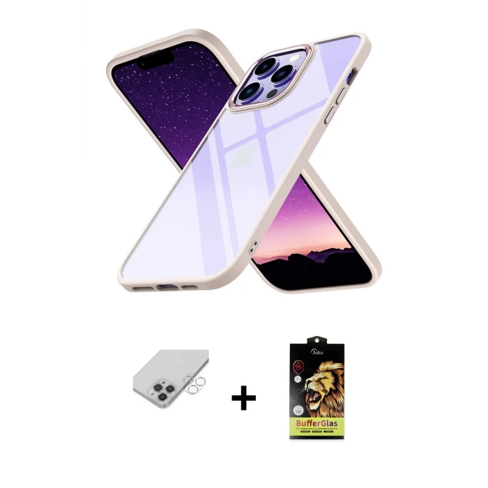 ieg™ iPhone 14 Pro Max Kılıf Nova Işık Serisi - Siyah Buffer Cam Ekran Koruyucu + Band Metal Kamera Lens - GS