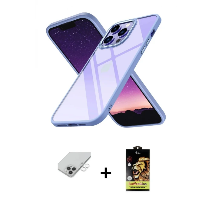 ieg™ iPhone 14 Pro Max Kılıf Nova Işık Serisi - Siyah Buffer Cam Ekran Koruyucu + Band Metal Kamera Lens - GS