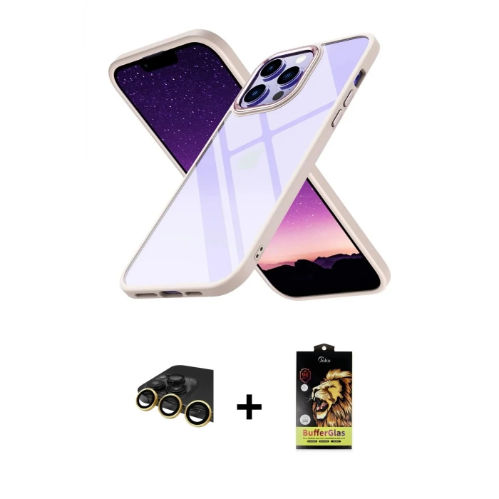ieg™ iPhone 14 Pro Max Kılıf Nova Işık Serisi - Siyah Buffer Cam Ekran Koruyucu + Raze Metal Kamera Lens - GD