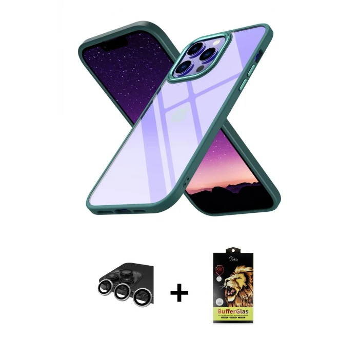 ieg™ iPhone 14 Pro Max Kılıf Nova Işık Serisi - Siyah Buffer Cam Ekran Koruyucu + Raze Metal Kamera Lens - GS
