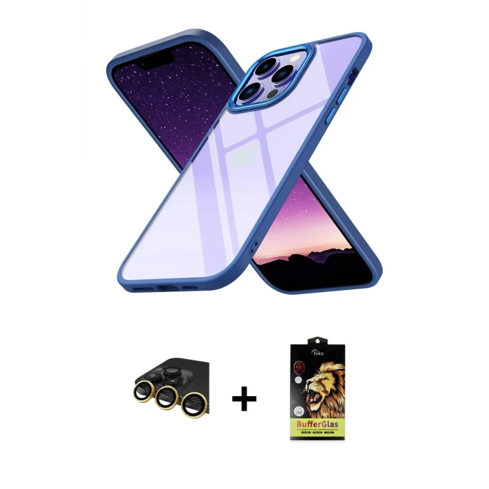 ieg™ iPhone 14 Pro Max Kılıf Nova Işık Serisi - Siyah Buffer Cam Ekran Koruyucu + Raze Metal Kamera Lens - GD