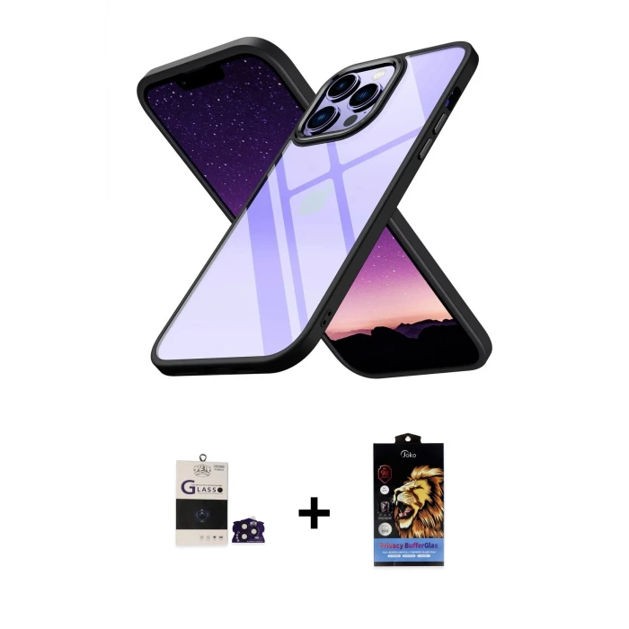 ieg™ iPhone 14 Pro Max Kılıf Nova Işık Serisi - Siyah Buffer Hayalet Cam Ekran Koruyucu + Bilvis Titan Kamera Lens - DNMR