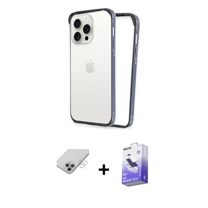 ieg™ iPhone 14 Pro Max Kılıf Pusula Asil Koleksiyonu - Siyah Bilvis 5in1 5D Magic Hayalet Cam Ekran Koruyucu + Band Metal Kamera Lens - GS