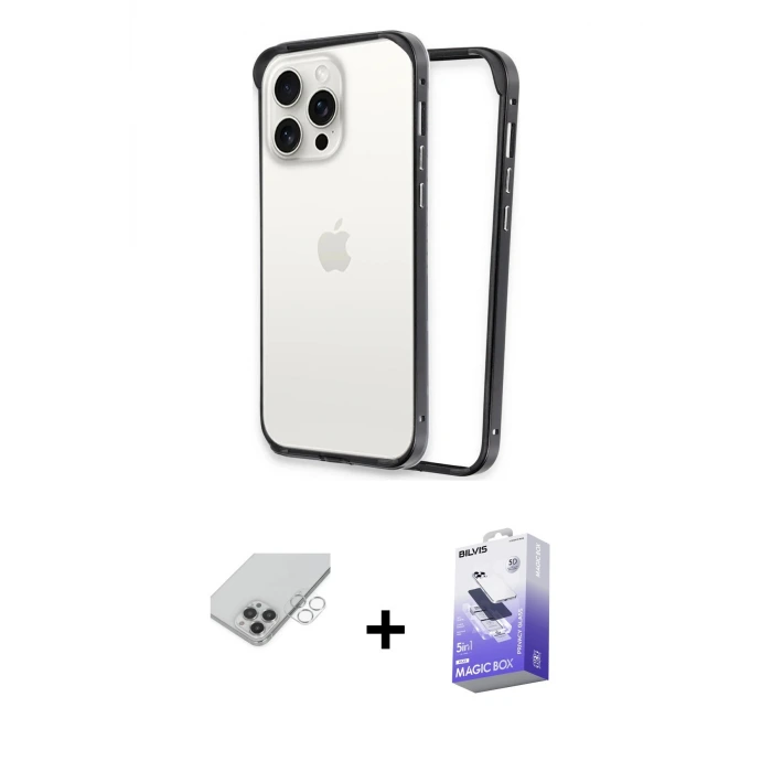 ieg™ iPhone 14 Pro Max Kılıf Pusula Asil Koleksiyonu - Siyah Bilvis 5in1 5D Magic Hayalet Cam Ekran Koruyucu + Band Metal Kamera Lens - GS