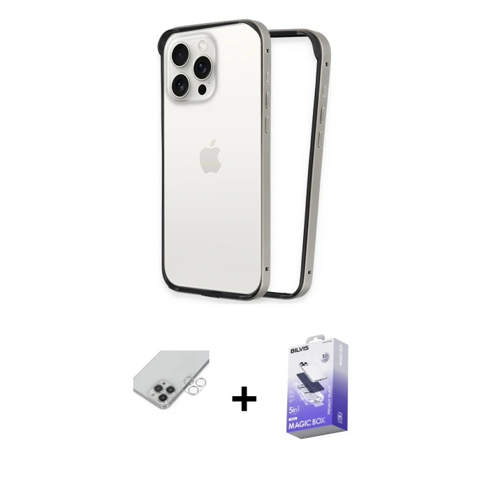 ieg™ iPhone 14 Pro Max Kılıf Pusula Asil Koleksiyonu - Siyah Bilvis 5in1 5D Magic Hayalet Cam Ekran Koruyucu + Band Metal Kamera Lens - GS