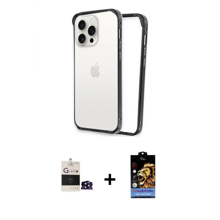 ieg™ iPhone 14 Pro Max Kılıf Pusula Asil Koleksiyonu - Siyah Buffer Hayalet Cam Ekran Koruyucu + Bilvis Titan Kamera Lens - SH