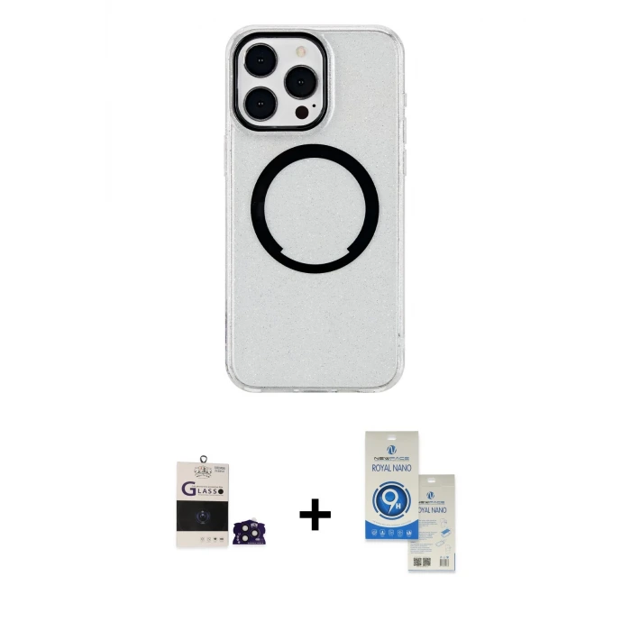 ieg™ iPhone 14 Pro Max Kılıf Pusula Form - Şeffaf Royal Nano Ekran Koruyucu + Bilvis Titan Kamera Lens - DNMR