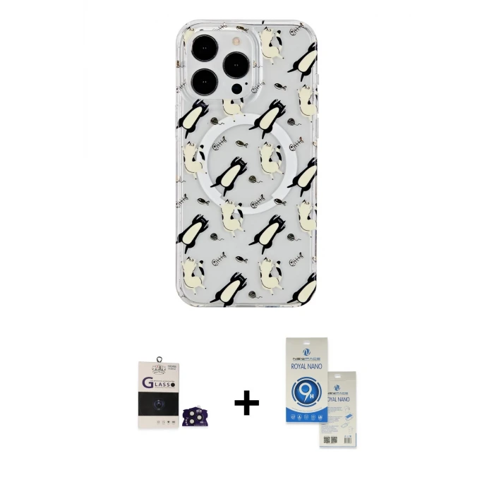 ieg™ iPhone 14 Pro Max Kılıf Pusula Form - Şeffaf Royal Nano Ekran Koruyucu + Bilvis Titan Kamera Lens - DNMR