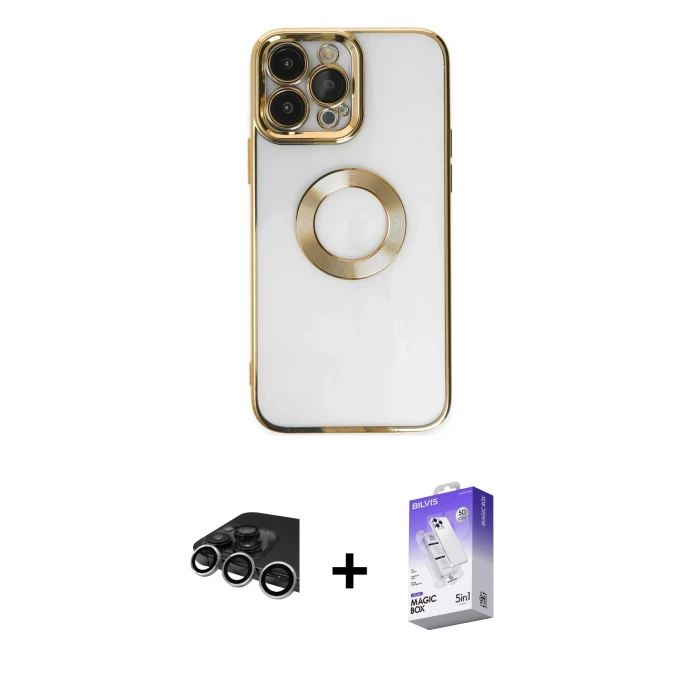 ieg™ iPhone 14 Pro Max Kılıf Pusula Form - Siyah Bilvis 5in1 3D Magic Cam Ekran Koruyucu + Raze Metal Kamera Lens - GS