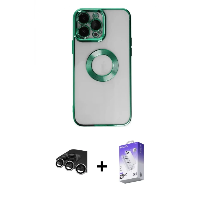 ieg™ iPhone 14 Pro Max Kılıf Pusula Form - Siyah Bilvis 5in1 3D Magic Cam Ekran Koruyucu + Raze Metal Kamera Lens - GS