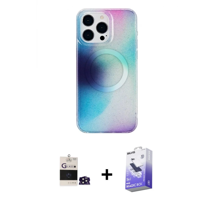 ieg™ iPhone 14 Pro Max Kılıf Pusula Form - Siyah Bilvis 5in1 5D Magic Hayalet Cam Ekran Koruyucu + Bilvis Titan Kamera Lens - DNMR