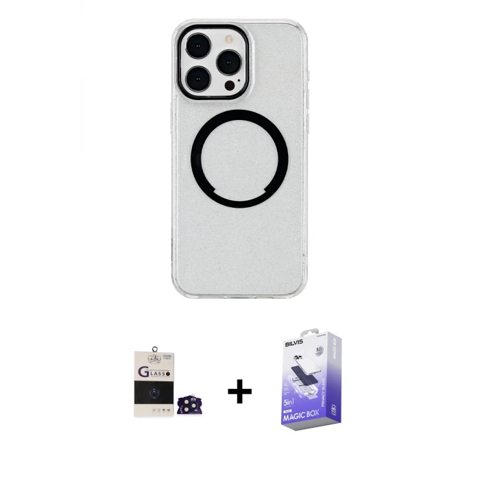 ieg™ iPhone 14 Pro Max Kılıf Pusula Form - Siyah Bilvis 5in1 5D Magic Hayalet Cam Ekran Koruyucu + Bilvis Titan Kamera Lens - DNMR