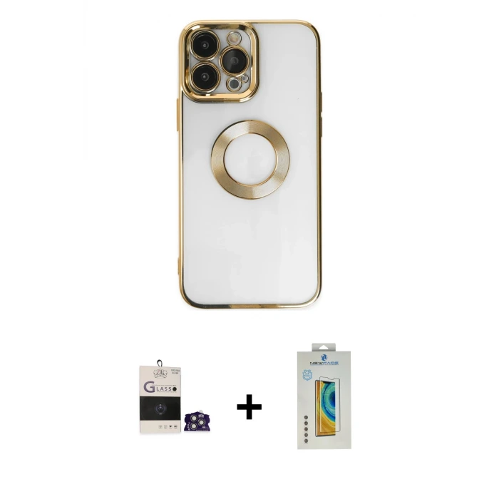 ieg™ iPhone 14 Pro Max Kılıf Pusula Form - Siyah Polymer Nano Ekran Koruyucu + Bilvis Titan Kamera Lens - GS