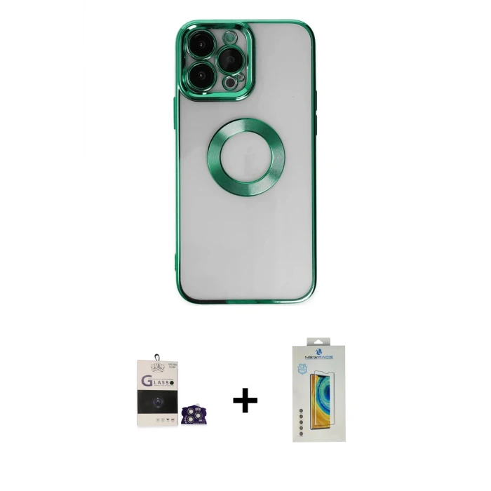 ieg™ iPhone 14 Pro Max Kılıf Pusula Form - Siyah Polymer Nano Ekran Koruyucu + Bilvis Titan Kamera Lens - GS