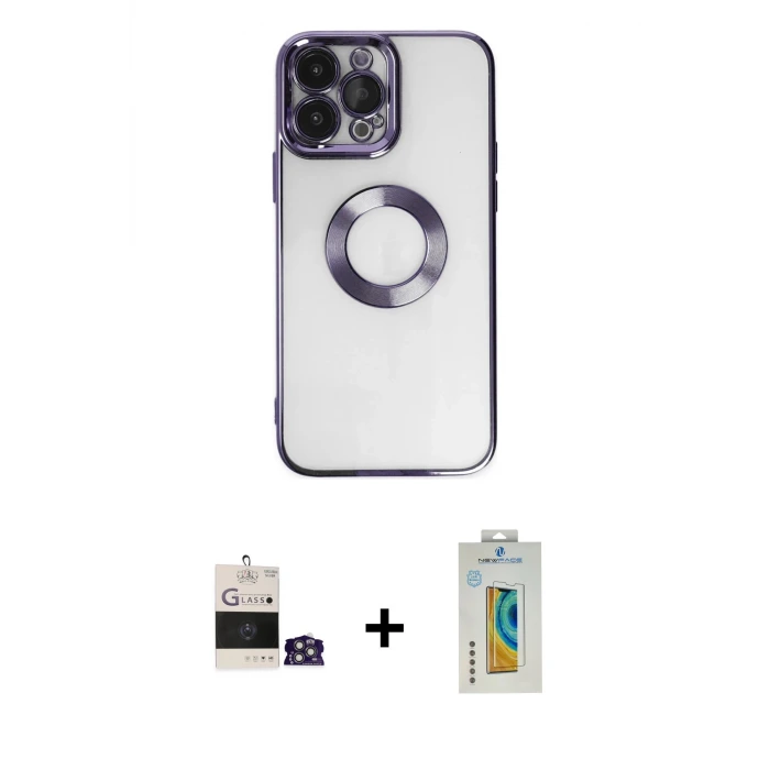 ieg™ iPhone 14 Pro Max Kılıf Pusula Form - Siyah Polymer Nano Ekran Koruyucu + Bilvis Titan Kamera Lens - GS