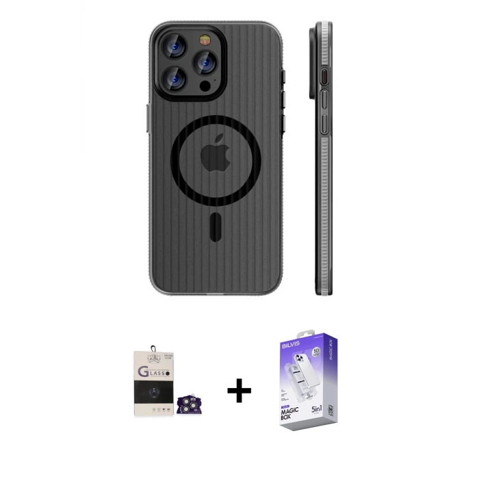 ieg™ iPhone 14 Pro Max Kılıf Pusula Minimal Koleksiyonu - Siyah Bilvis 5in1 3D Magic Cam Ekran Koruyucu + Bilvis Titan Kamera Lens - GS