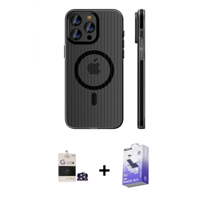 ieg™ iPhone 14 Pro Max Kılıf Pusula Minimal Koleksiyonu - Siyah Bilvis 5in1 5D Magic Hayalet Cam Ekran Koruyucu + Bilvis Titan Kamera Lens - GS