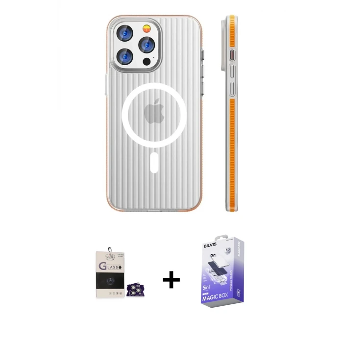 ieg™ iPhone 14 Pro Max Kılıf Pusula Minimal Koleksiyonu - Siyah Bilvis 5in1 5D Magic Hayalet Cam Ekran Koruyucu + Bilvis Titan Kamera Lens - GS