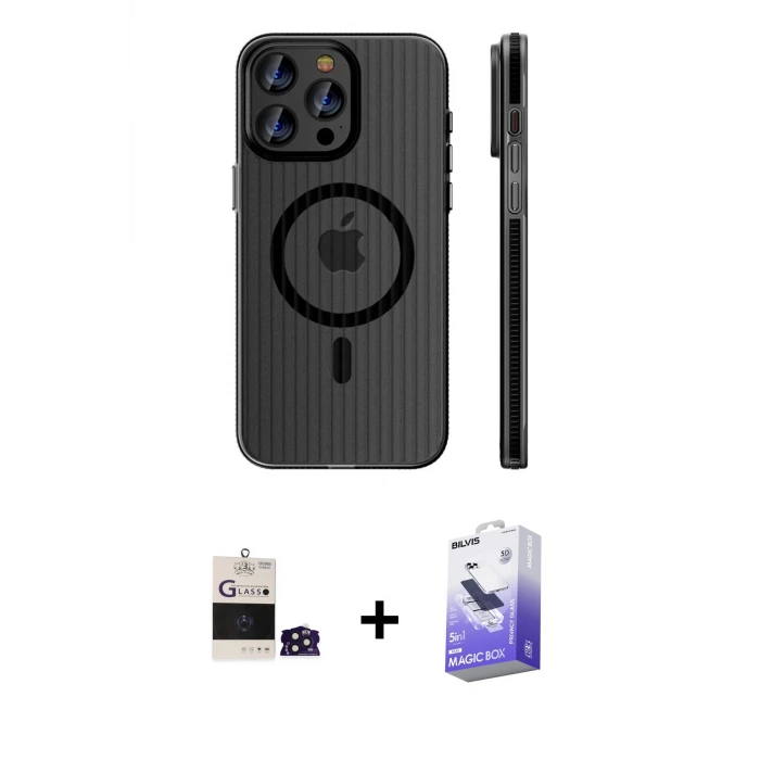 ieg™ iPhone 14 Pro Max Kılıf Pusula Minimal Koleksiyonu - Siyah Bilvis 5in1 5D Magic Hayalet Cam Ekran Koruyucu + Bilvis Titan Kamera Lens - DNMR