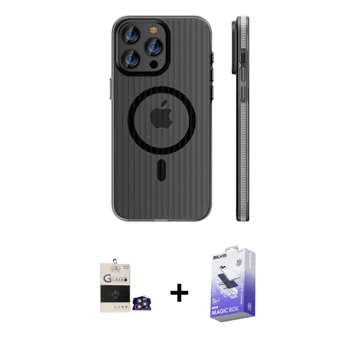 ieg™ iPhone 14 Pro Max Kılıf Pusula Minimal Koleksiyonu - Siyah Bilvis 5in1 5D Magic Hayalet Cam Ekran Koruyucu + Bilvis Titan Kamera Lens - GS