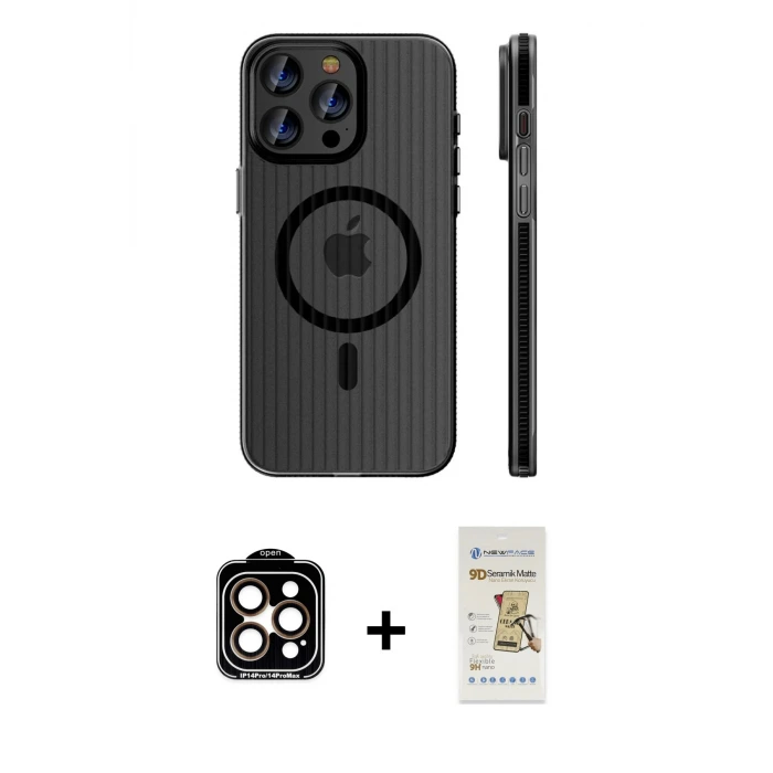ieg™ iPhone 14 Pro Max Kılıf Pusula Minimal Koleksiyonu - Siyah Mat Seramik Nano Ekran Koruyucu + PVD Metal Kamera Lens - TU