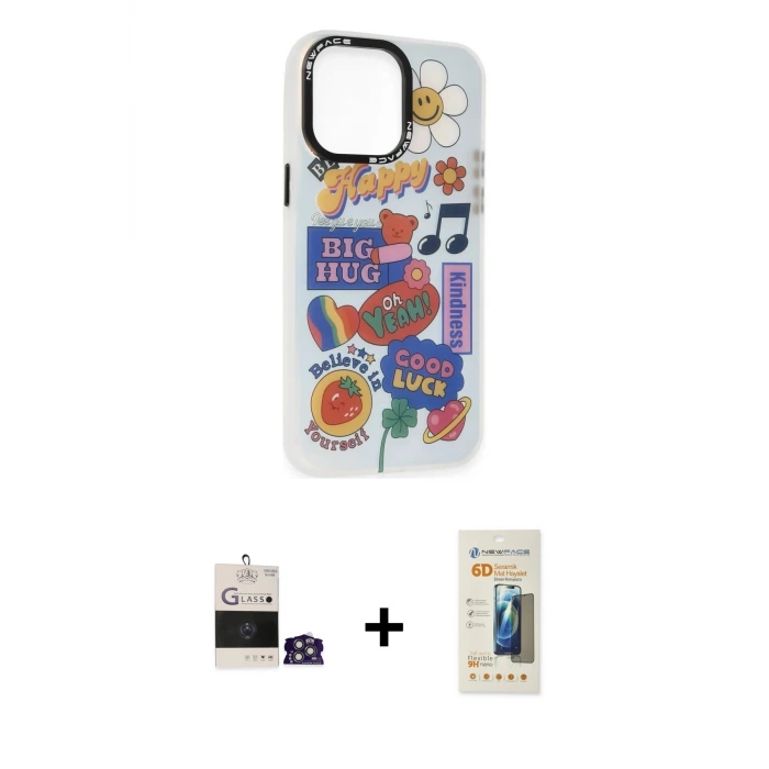 ieg™ iPhone 14 Pro Max Kılıf Siluet Çizgi Koleksiyonu - Siyah 6D Mat Seramik Hayalet Nano Ekran Koruyucu + Bilvis Titan Kamera Lens - GS