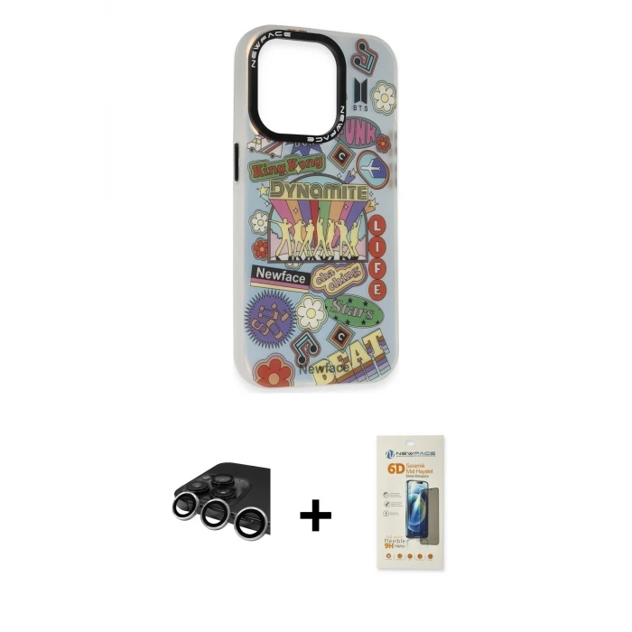 ieg™ iPhone 14 Pro Max Kılıf Siluet Çizgi Koleksiyonu - Siyah 6D Mat Seramik Hayalet Nano Ekran Koruyucu + Raze Metal Kamera Lens - GS