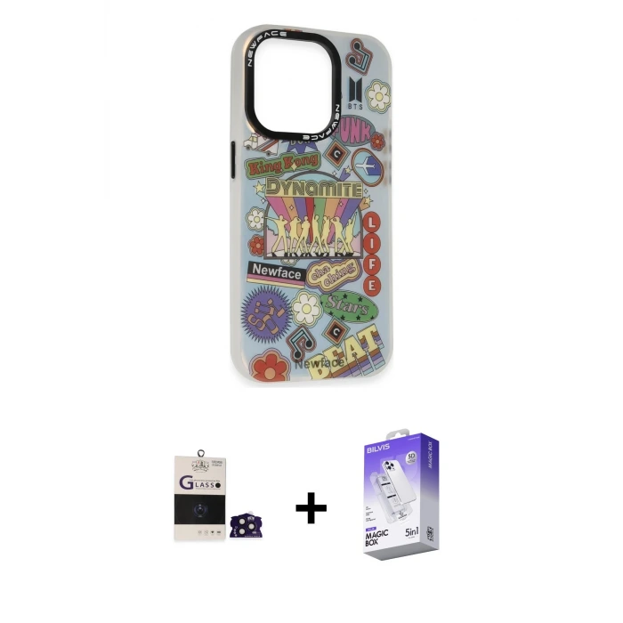 ieg™ iPhone 14 Pro Max Kılıf Siluet Çizgi Koleksiyonu - Siyah Bilvis 5in1 3D Magic Cam Ekran Koruyucu + Bilvis Titan Kamera Lens - DNMR