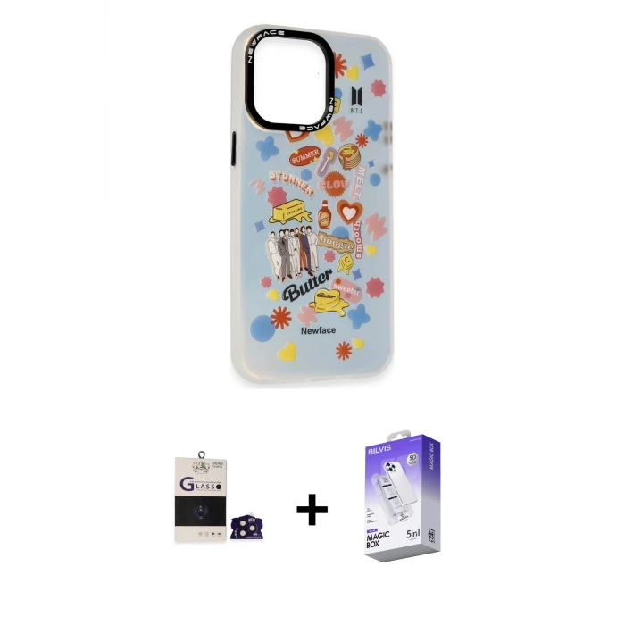 ieg™ iPhone 14 Pro Max Kılıf Siluet Çizgi Koleksiyonu - Siyah Bilvis 5in1 3D Magic Cam Ekran Koruyucu + Bilvis Titan Kamera Lens - DNMR