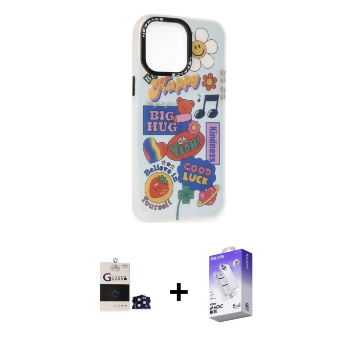 ieg™ iPhone 14 Pro Max Kılıf Siluet Çizgi Koleksiyonu - Siyah Bilvis 5in1 3D Magic Cam Ekran Koruyucu + Bilvis Titan Kamera Lens - DNMR