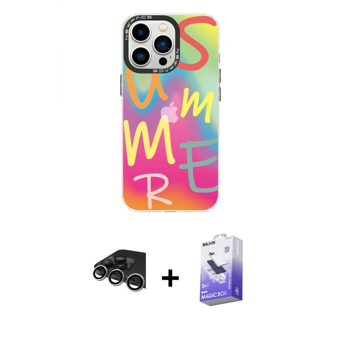 ieg™ iPhone 14 Pro Max Kılıf Siluet Çizgi Koleksiyonu - Siyah Bilvis 5in1 5D Magic Hayalet Cam Ekran Koruyucu + Raze Metal Kamera Lens - GS