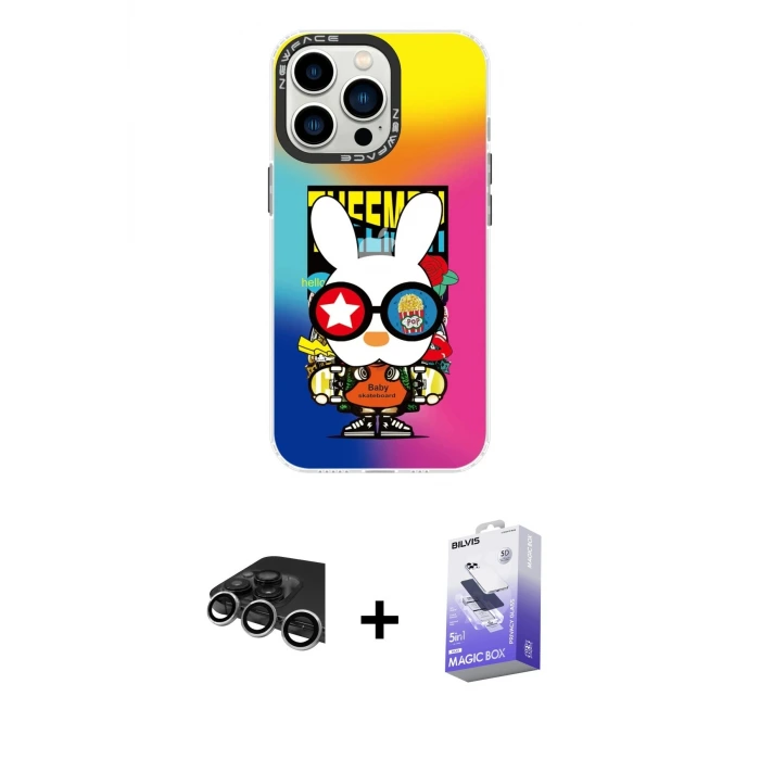 ieg™ iPhone 14 Pro Max Kılıf Siluet Çizgi Koleksiyonu - Siyah Bilvis 5in1 5D Magic Hayalet Cam Ekran Koruyucu + Raze Metal Kamera Lens - GS