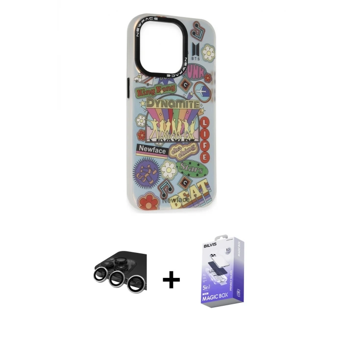 ieg™ iPhone 14 Pro Max Kılıf Siluet Çizgi Koleksiyonu - Siyah Bilvis 5in1 5D Magic Hayalet Cam Ekran Koruyucu + Raze Metal Kamera Lens - GS