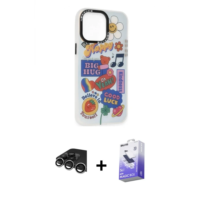 ieg™ iPhone 14 Pro Max Kılıf Siluet Çizgi Koleksiyonu - Siyah Bilvis 5in1 5D Magic Hayalet Cam Ekran Koruyucu + Raze Metal Kamera Lens - GS