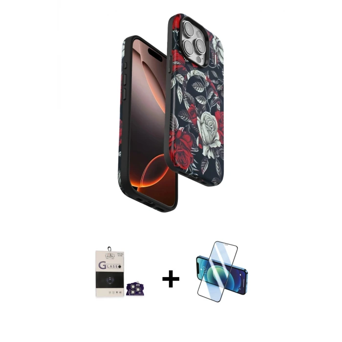 ieg™ iPhone 14 Pro Max Kılıf Siluet Doku - Siyah 3D Antistatik Cam Ekran Koruyucu + Bilvis Titan Kamera Lens - GS