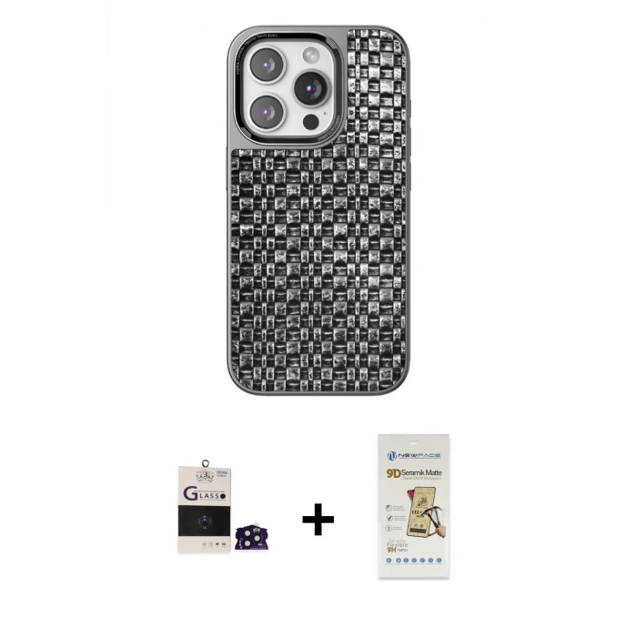 ieg™ iPhone 14 Pro Max Kılıf Siluet Form Serisi - Siyah Mat Seramik Nano Ekran Koruyucu + Bilvis Titan Kamera Lens - DNMR