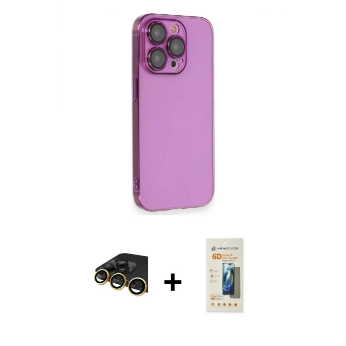 ieg™ iPhone 14 Pro Max Kılıf Siluet Minimal Özel Seri - Siyah 6D Mat Seramik Hayalet Nano Ekran Koruyucu + Raze Metal Kamera Lens - GD