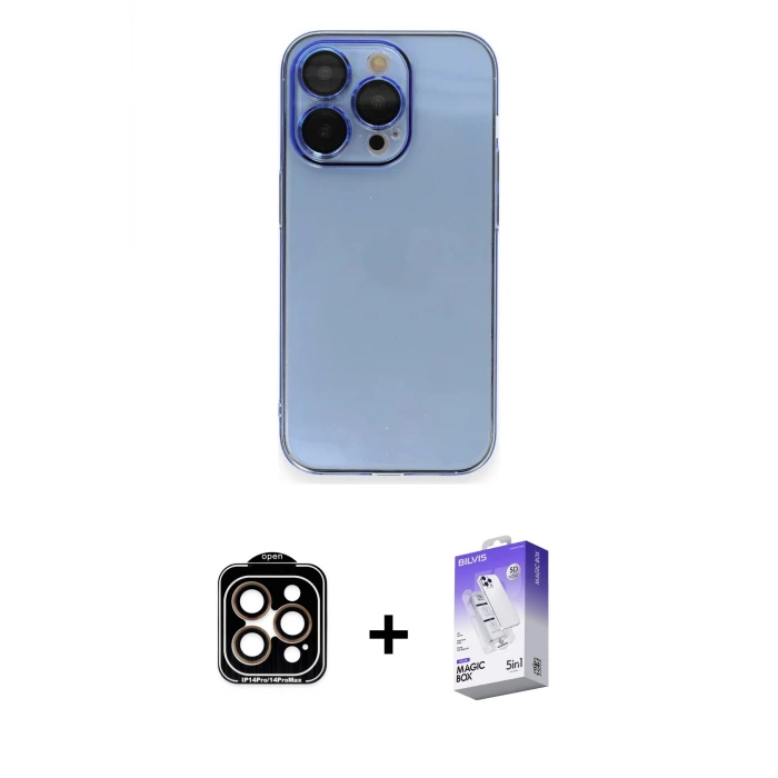 ieg™ iPhone 14 Pro Max Kılıf Siluet Minimal Özel Seri - Siyah Bilvis 5in1 3D Magic Cam Ekran Koruyucu + PVD Metal Kamera Lens - TU