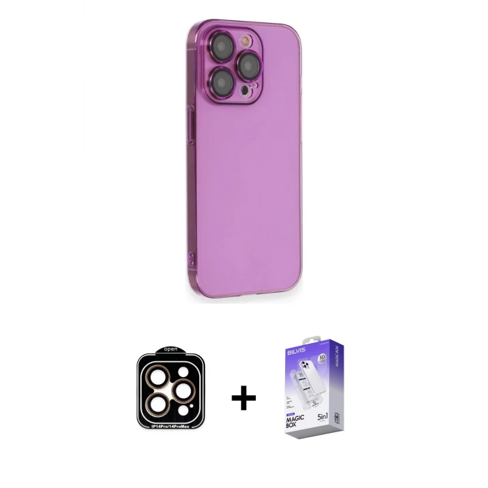 ieg™ iPhone 14 Pro Max Kılıf Siluet Minimal Özel Seri - Siyah Bilvis 5in1 3D Magic Cam Ekran Koruyucu + PVD Metal Kamera Lens - TU