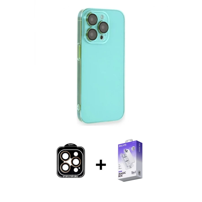 ieg™ iPhone 14 Pro Max Kılıf Siluet Minimal Özel Seri - Siyah Bilvis 5in1 3D Magic Cam Ekran Koruyucu + PVD Metal Kamera Lens - TU