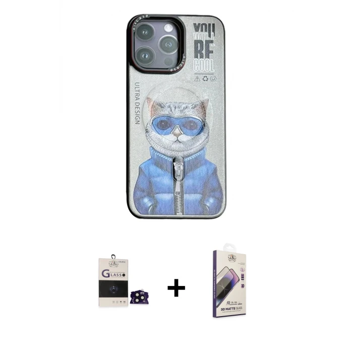 ieg™ iPhone 14 Pro Max Kılıf Siluet Modern Özel Seri - Siyah Bilvis 3D Mat Cam Ekran Koruyucu + Bilvis Titan Kamera Lens - SH